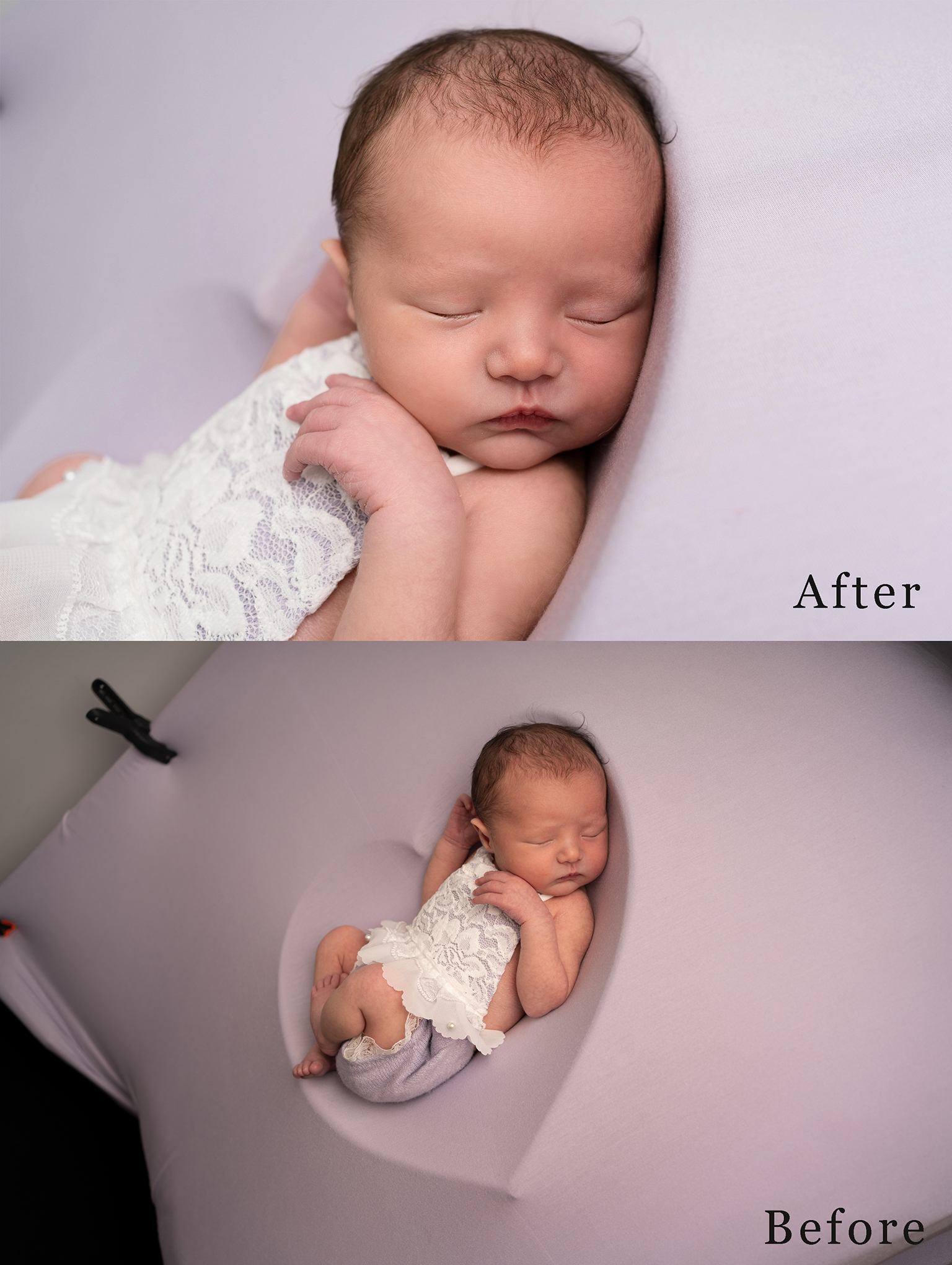 A before and after comparison of editing by Alice James Photography - newborn retoucher