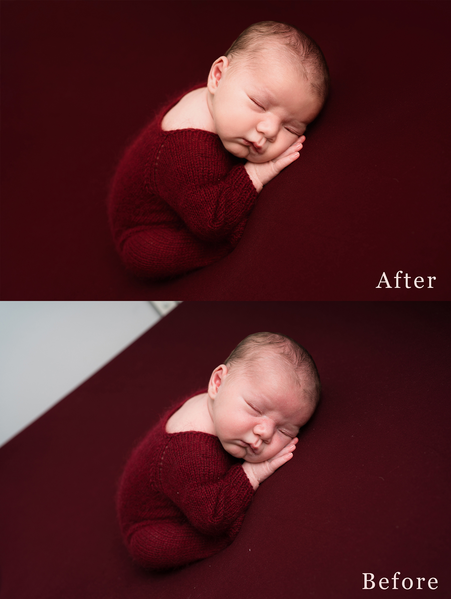 A before and after comparison of editing by Alice James Photography - newborn retoucher